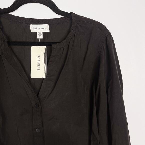 New Evereve Cloth & Stone Small S Black Button Front Blouse Long Sleeve Lyocell - Picture 5 of 8